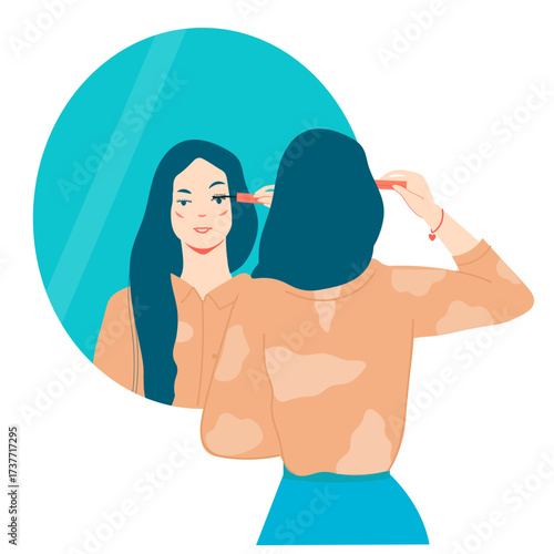 Young beautiful girl doing her makeup looking in oval mirror. Woman applying mascara. Trendy vector isolated on transparent background.