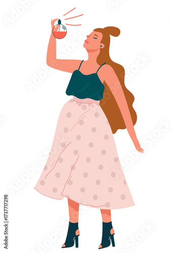 A cute woman or girl sprays perfume on herself and enjoys the scent. Trendy vector isolated on transparent background.