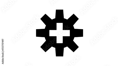 Black gear icon with white plus sign, symbolizing settings, configuration, add feature, technical support, or system optimization. Graphic element.