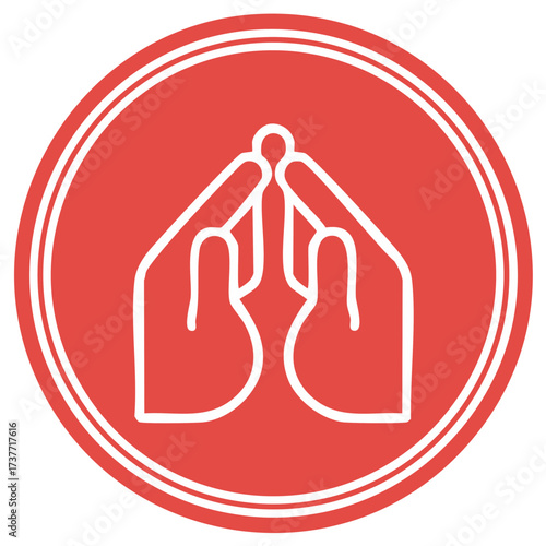 Stylized hands in prayer or contemplation gesture within a red circle emblem