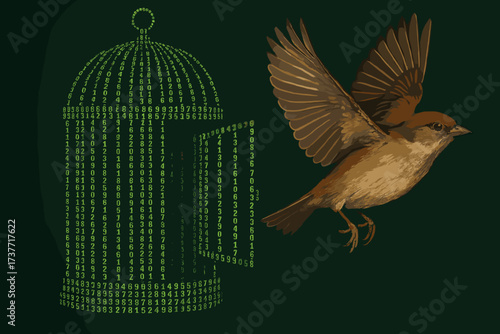 Digital Freedom Concept – Bird Escaping Binary Cage Toward Light