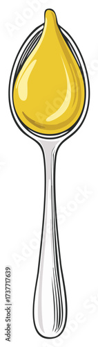 Illustrated spoon filled with a dripping drop of sweet golden honey or yellow syrup