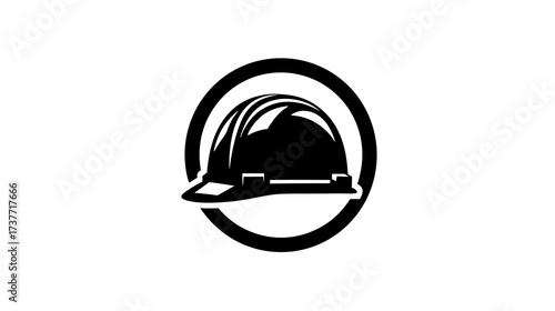 Industrial safety helmet icon in circular frame, worker hard hat protection graphic, construction safety equipment symbol.