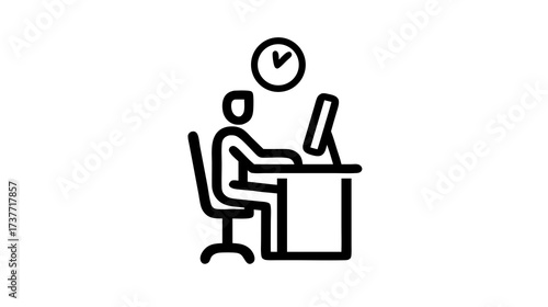 Working Hours Icon. Person at Desk with Computer and Clock. Business, Productivity, Time Management, Deadline Concept.