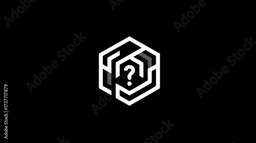 Abstract Geometric Hexagonal Box with Question Mark Icon. Modern UI/UX Design Element on Black Background for Mystery and Problem Solving.