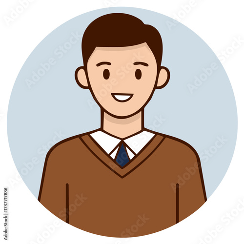 Illustration of a young man wearing a sweater and tie with a smiling expression on a light blue circular background
