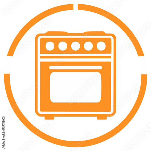 Orange cooking stove icon with circular frame and oven door for kitchen appliance concept