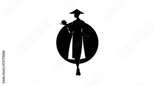 Minimalist black silhouette of an elegant Asian figure wearing a traditional conical hat and holding a serving bowl, graphic design element.