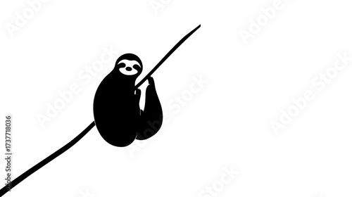 Minimalist black silhouette illustration of a cute sloth hanging upside down on a branch against a clean white background.