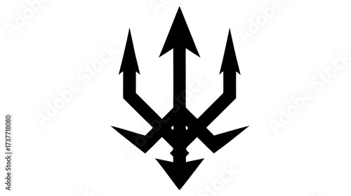 Abstract black trident icon with sharp arrow-like prongs and decorative elements, simple graphic design symbol on white background.