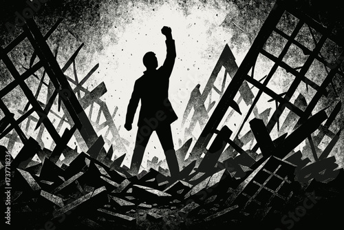 Rising from Ruins – Silhouette of Man with Raised Fist Standing in Destroyed City