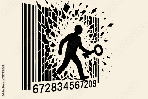 Escape from System Control – Man Breaking Barcode with Key of Freedom