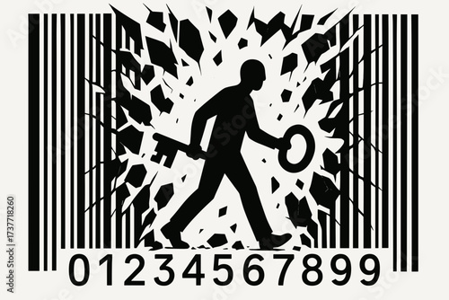 Escape from System Control – Man Breaking Barcode with Key of Freedom