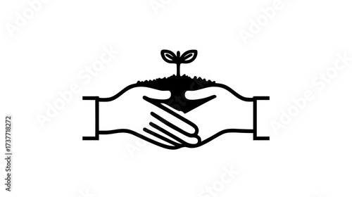 Environmental partnership icon with hands holding soil and a growing sprout, symbolizing sustainable development and cooperative care.