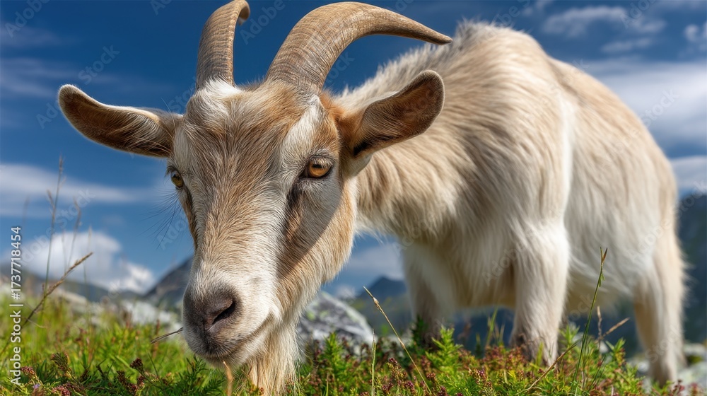 Fototapeta premium Close-Up of a Brown and White Goat Grazing Amidst Green Grass Under a Clear Blue Sky in a Serene Mountain Landscape