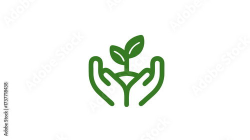 Eco-friendly hands cradling a small green plant sprout, symbolizing growth, nature, care, and environmental protection icon