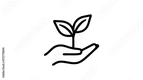 Line art icon of a hand holding a small sprout, symbolizing growth, new beginnings, environmental care, sustainability, and nature.