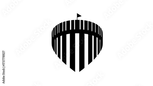 Modern minimalist stadium icon with flag, abstract black and white graphic of an arena, event venue, or sports competition symbol