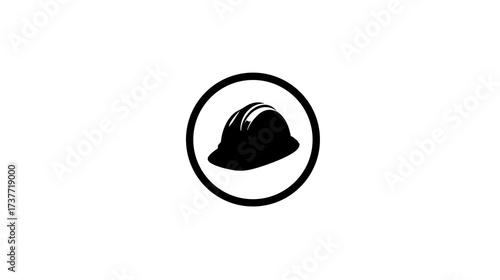 Construction hard hat icon in black circle, safety helmet graphic symbol for industrial work and protection on white background.
