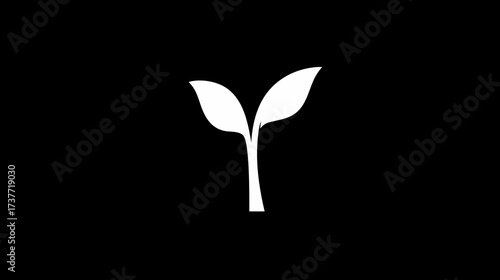 Minimalist white plant sprout icon on a stark black background, symbolizing growth, nature, sustainability, and fresh beginnings.