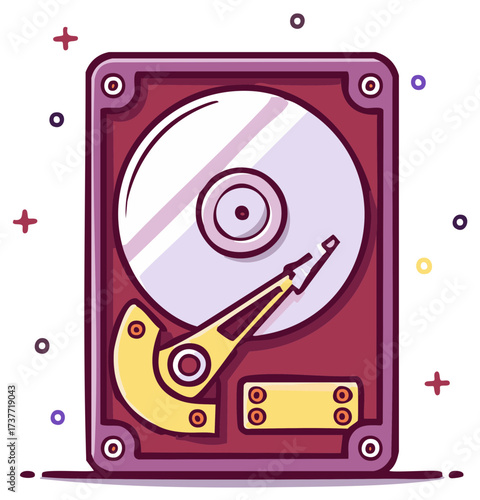 Whimsical Computer Hard Drive with Vintage Colors and Cartoon Style Details for Technology Illustrations