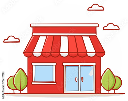 Cartoon illustration of a red shop with awning, trees, clouds. Suitable for business design.