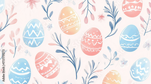 An artistic pattern featuring colorful Easter eggs and delicate floral elements