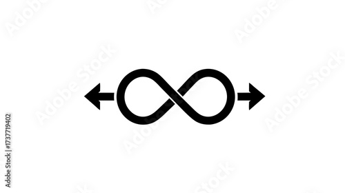 Black infinity symbol with opposing arrows, representing endlessness, continuum, infinite process, and unlimited possibilities.