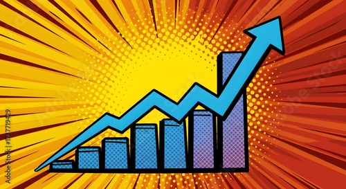 Vibrant comic-style financial chart showcasing powerful market growth and positive economic trajectory, with an upward bar graph and dynamic arrow