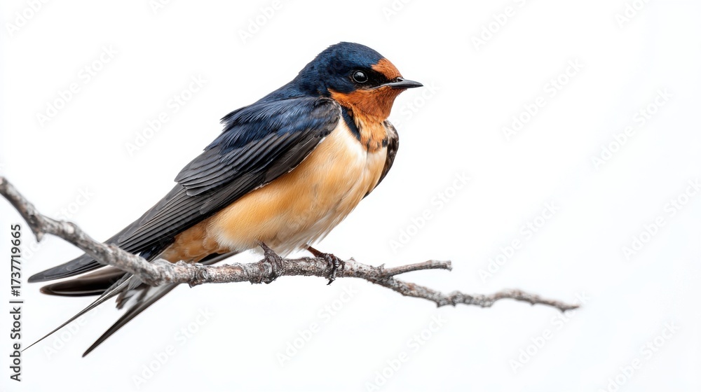 Obraz premium Vibrant Swallow Bird Perched on a Branch against a White Background