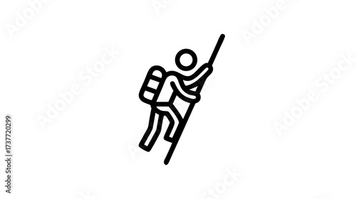 Minimalist vector line icon of a person climbing uphill with a backpack, symbolizing adventure, progress, challenge, and outdoor exploration.