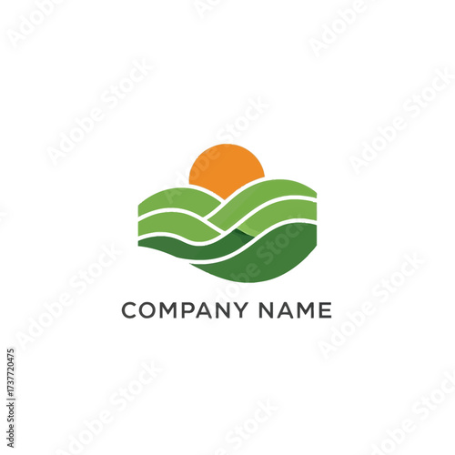 Abstract Green Fields with Rising Sun Logo Design for Agriculture Business.
