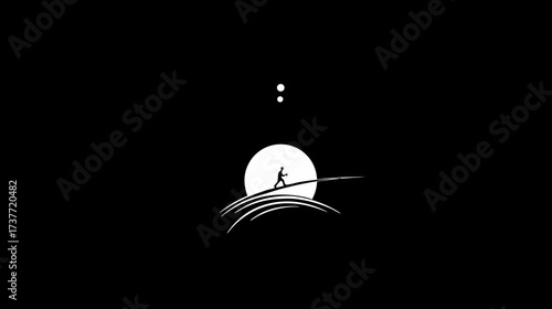 Minimalist black and white silhouette of a person walking on a curved landscape under a bright moon and distant stars.