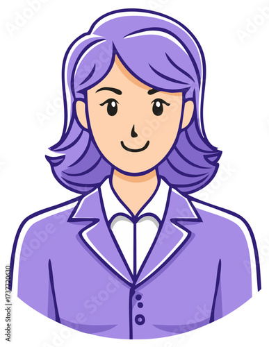Cartoon illustration of a smiling woman with purple hair wearing a purple suit, symbolizing professionalism and confidence.