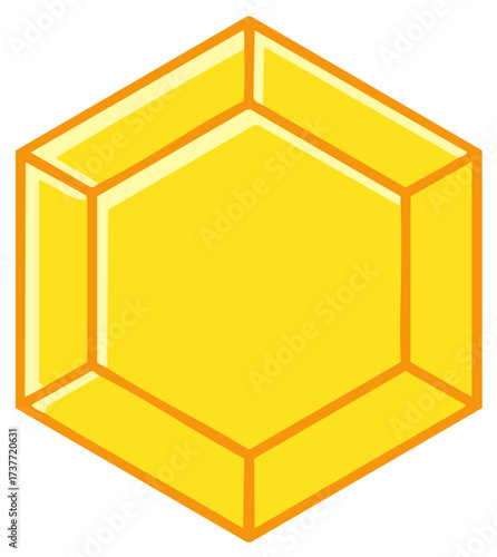Bright yellow geometric hexagon shape illustration, abstract gold gem or crystal icon element
