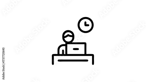 Productivity and time management icon: Person working at a laptop at their desk, illustrating busy schedule and efficient work