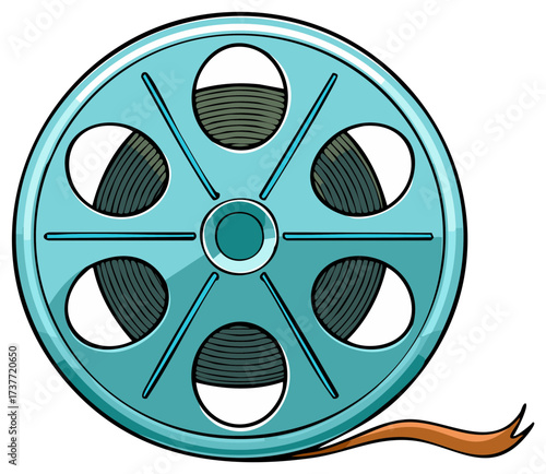 Film Reel with Tape, Cinema Symbol, Media Equipment, Movie Industry, Cartoon Style Design
