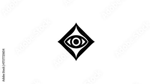 Modern minimalist stylized eye icon in black diamond shape, conceptual symbol for vision, security, privacy, and insight, isolated graphic element.