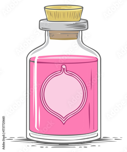 Cartoon bottle with pink potion and decorative blank label