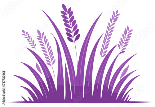 Purple Decorative Weeds Illustration with Leaves and Flowers on a White Background