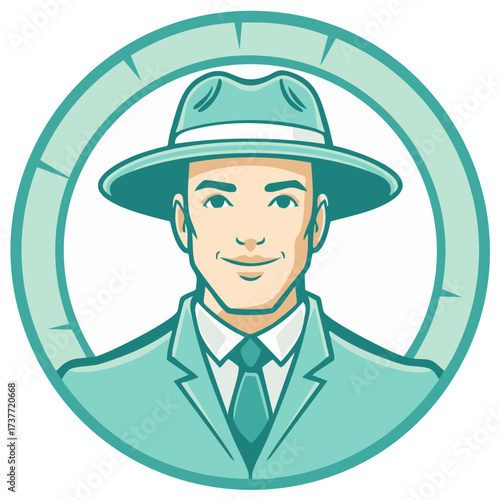 Cartoon Portrait of Man Wearing Fedora and Suit, Framed in Ornamental Circle, Retro