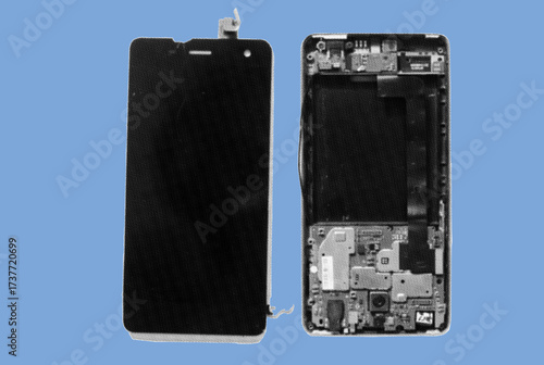 close up of broken hardware component LCD screen smartphone pixelate grayscale color halftone dotted texture style collage element isolated on blue background