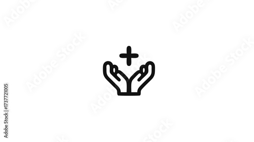 Minimalist outline icon of open hands with a plus sign, symbolizing help, care, health, generosity, addition, and positive support.