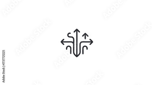 Abstract graphic of multiple arrows diverging from a central point, symbolizing choices, decisions, strategy, complexity, and various directions.