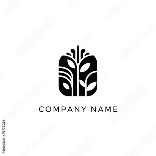 Abstract Tree Logo Design with Geometric Leaves and Rounded Rectangle Frame.