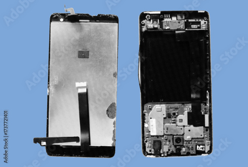 close up of broken LCD screen hardware component smartphone pixelate grayscale color halftone dotted texture style collage element isolated on blue background
