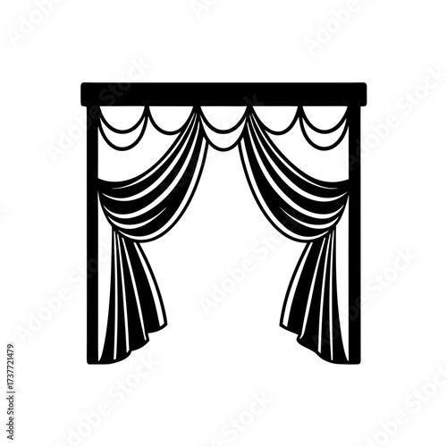 black outline of flowing valances on window frame 