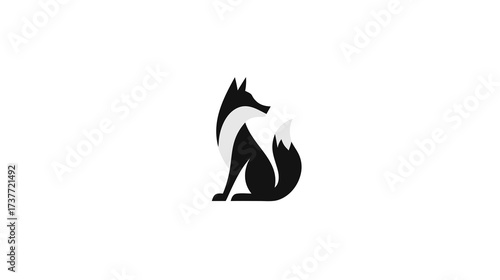 Minimalist geometric fox illustration. Abstract black and white stylized animal design with a sitting fox silhouette.
