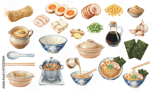 Watercolor Ramen Ingredients and Japanese Noodle Soup