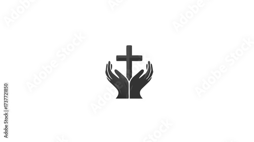 Praying hands holding a Christian cross symbol, representing faith, hope, spirituality, and religious devotion. Minimalist graphic.